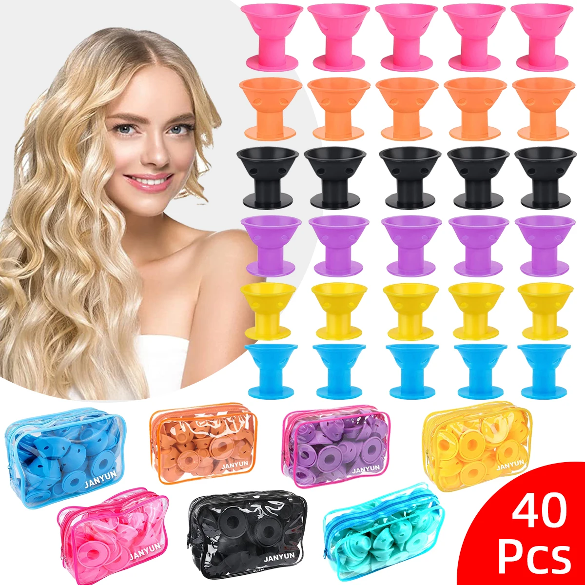 40 Pcs Soft Silicone Hair Rollers Magic Hair Curlers with Bags No Heating Do Not Hurt Hairs Clips for Curls Styling Girls Lady
