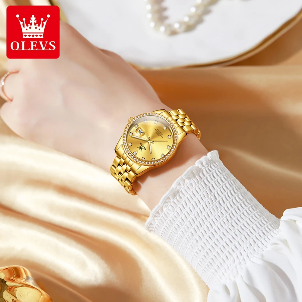 OLEVS Роскошные золотые кварцевые часы из нержавеющей стали для женщин с