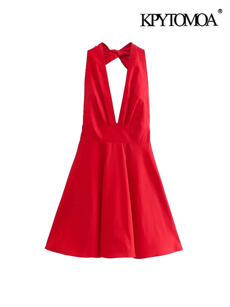 

KPYTOMOA женское модное с бантом завязанное поплиновое мини-платье с воротником хомутом винтажные женские платья на молнии с открытой спиной ...
