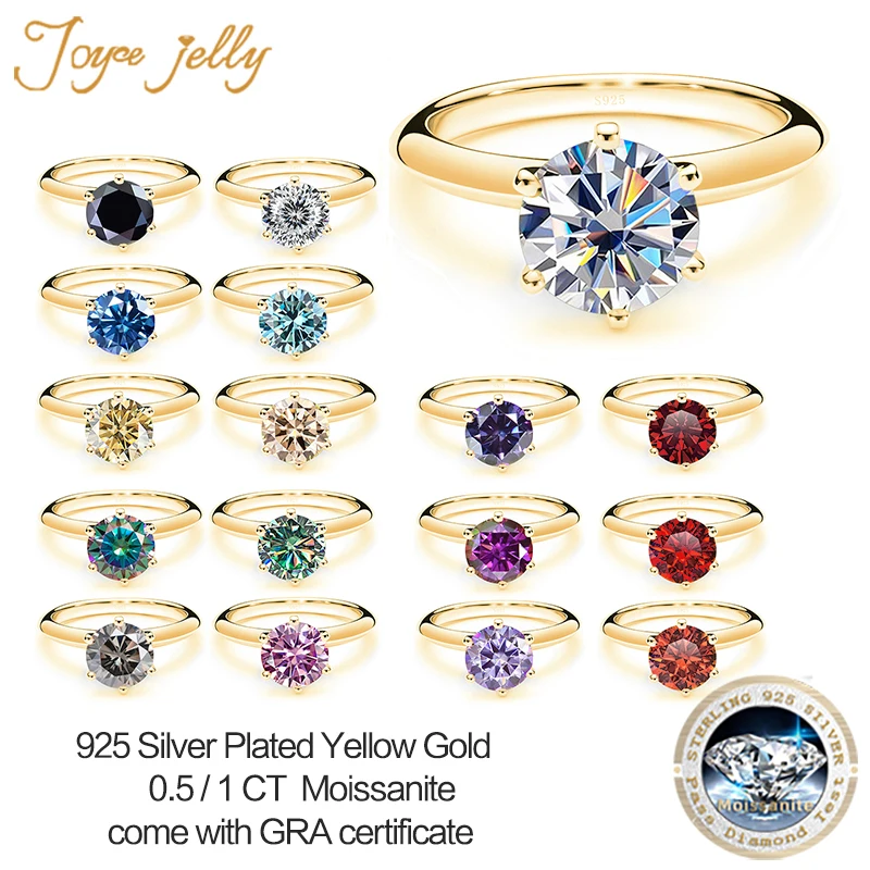 

JoyceJelly 0.5ct 1ct Moissanite Ring For Women Yellow Gold Color Sterling Silver 925 Jewelry For Wedding Engagement Anniversary
