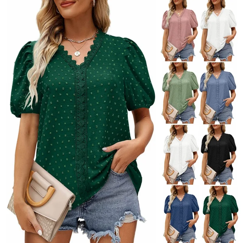 

2023 Summer French Vintage Blouse for Women V-neck Lace Polka Dot Bubble Short Sleeve Chiffon Shirt Casual loose Comfy Hot Tops