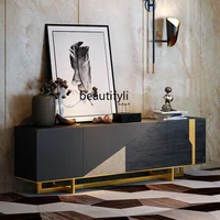 zq Italian-Style Light Luxury TV Cabinet Modern Minimalist Villa Living Room Creative Stone Plate Black High Floor Cabinet