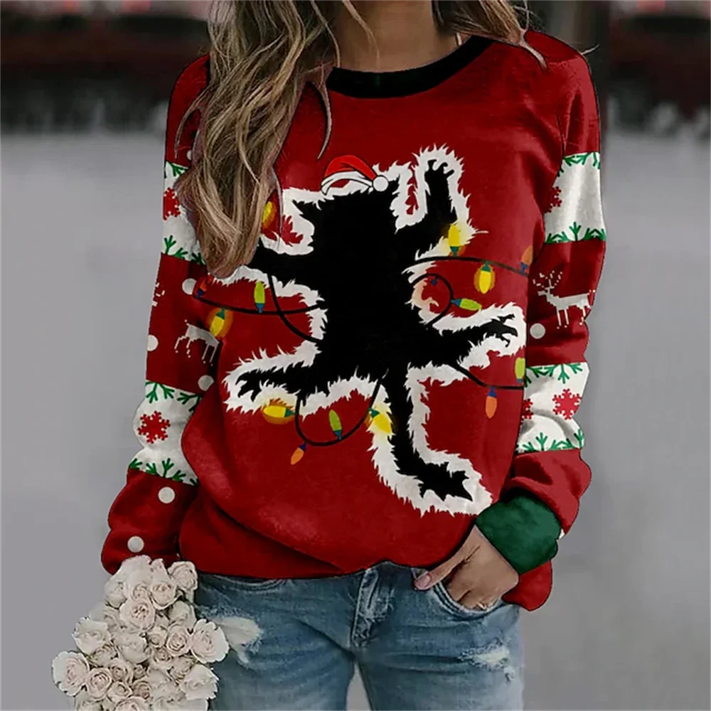 

Christmas New Year Autumn and Winter pullover sweatshirt 3D Elk print casual loose fitting long sleeved O-neck women clothing