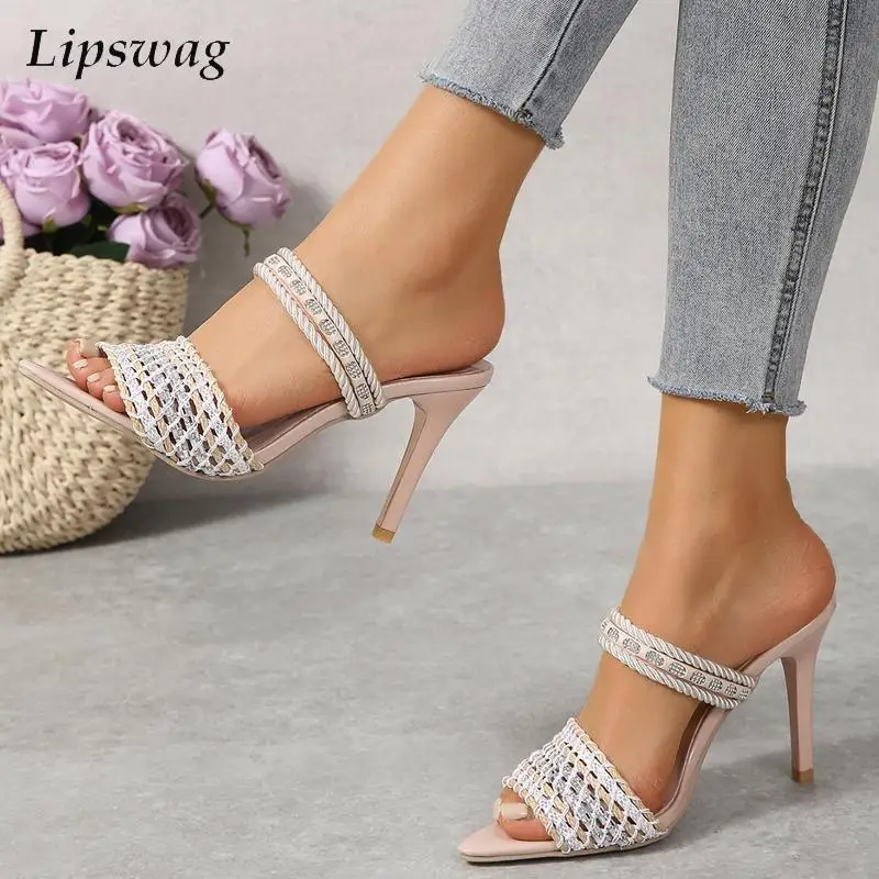 

Летние плетеные блестящие женские сандалии на высоком каблуке, туфли-лодочки, Модные Остроносые сандалии на высоком каблуке, обувь Calceus
