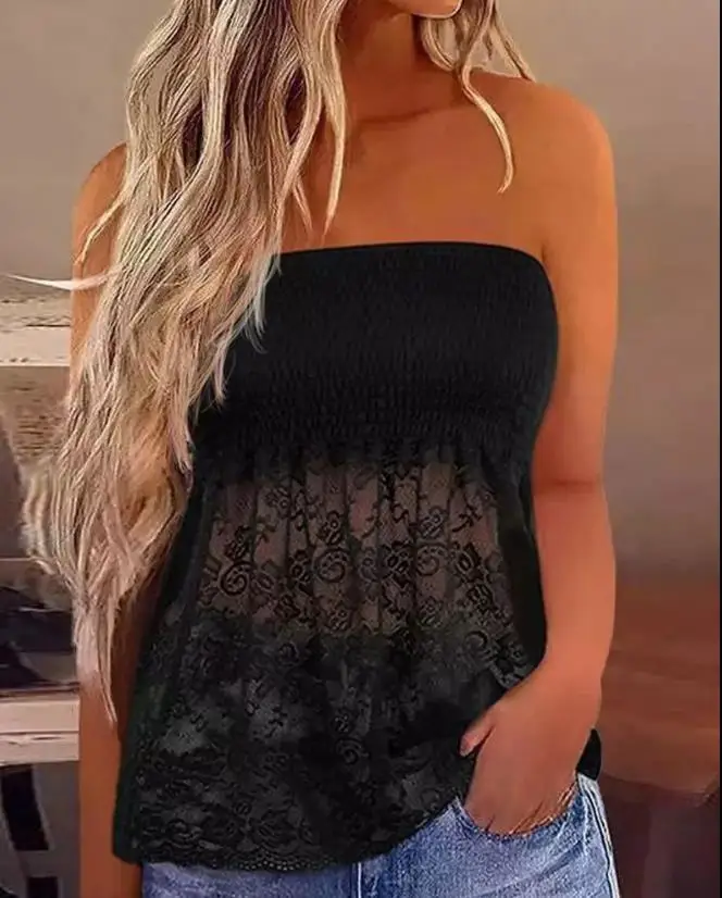 

sexy top Women Tank Top 2023 Summer Solid Parallel Crepe Strapless Crochet Lace Fashion Stitching Lace See-Through Tank Tops Y2K