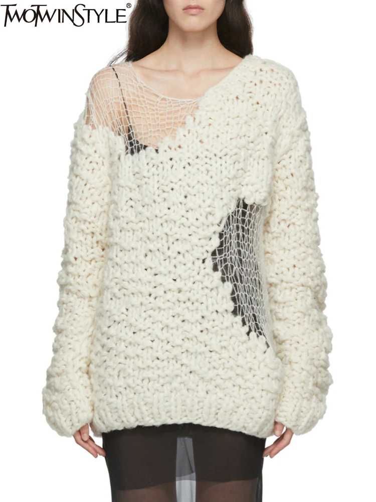 

Женский свитер TWOTWINSTYLE, повседневный свободный трикотажный свитер с круглым вырезом и длинным рукавом, 2023