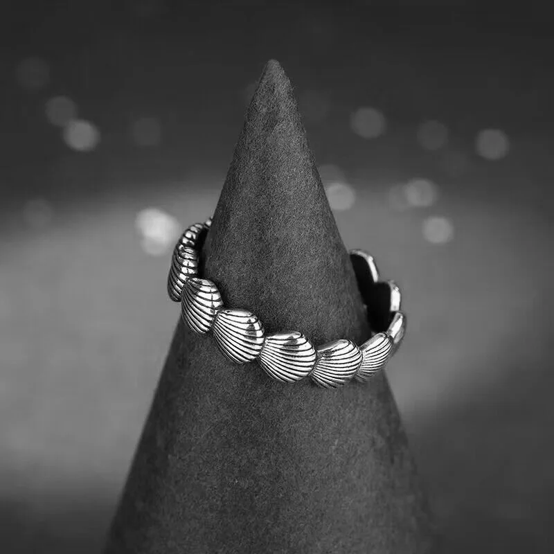 

New Antique Fashion Silver Shell Ring with Adjustable Opening Thai Silver Food Ring Wholesale Jewelry Gift
