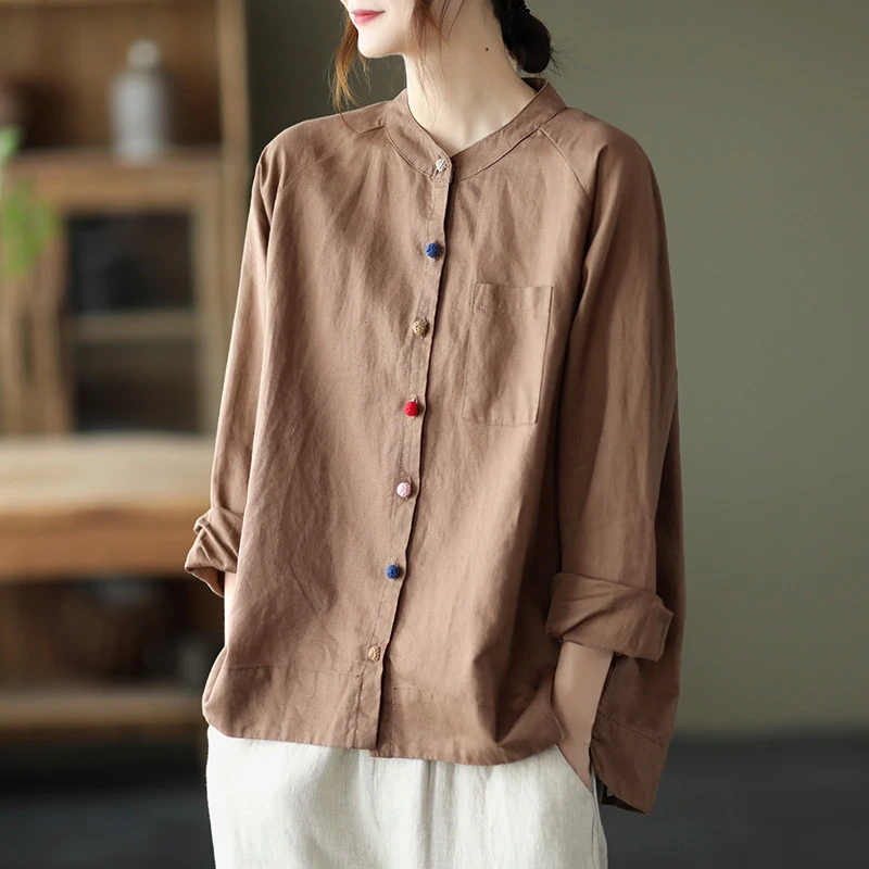 

Spring Long Sleeve Cotton Linen Women's Blouse Colorful Buttons Up Casual Loose Summer Top Vinatge Street Femme Shirts