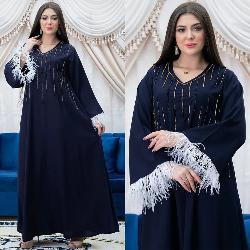 

2023 Abaya Dress Spring Summer Muslim Women Long Sleeve V-neck Polyester Green Long Abaya Muslim Fashion Dresses