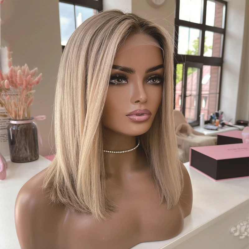 

Боб хайлайтер Омбре пепел светлый выпрямитель натуральные человеческие волосы еврейский парик 13x6 кружевной передний Кошерный Sheitel парик для женщин BabyHair