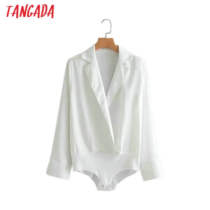 Tangada Fashion Women black white Body Blouse Sexy Turn Down Collar Bodysuit OL Shirt Long Sleeve Playsuit Tops 2XN43