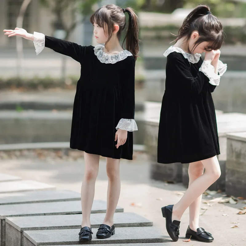 

2022 New Girls Dresses Teens Autumn and Winter Children Lace Dress Baby Princess Dress Girl Korean Velvet Party Clothes A039