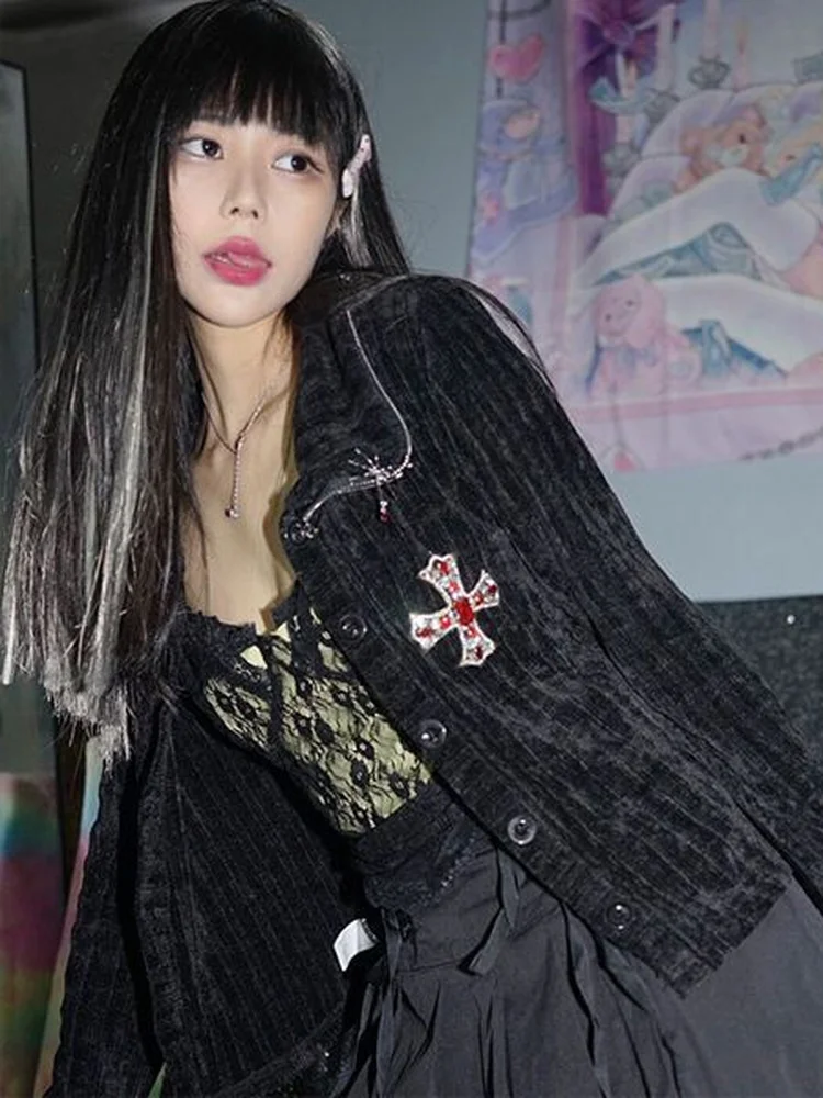

Deeptown Gothic Harajuku Style Jecket Women Y2k Mall Goth Tops Fairy Grunge Dark Academia Button Up Crop Coat 2022 Autumn Winter