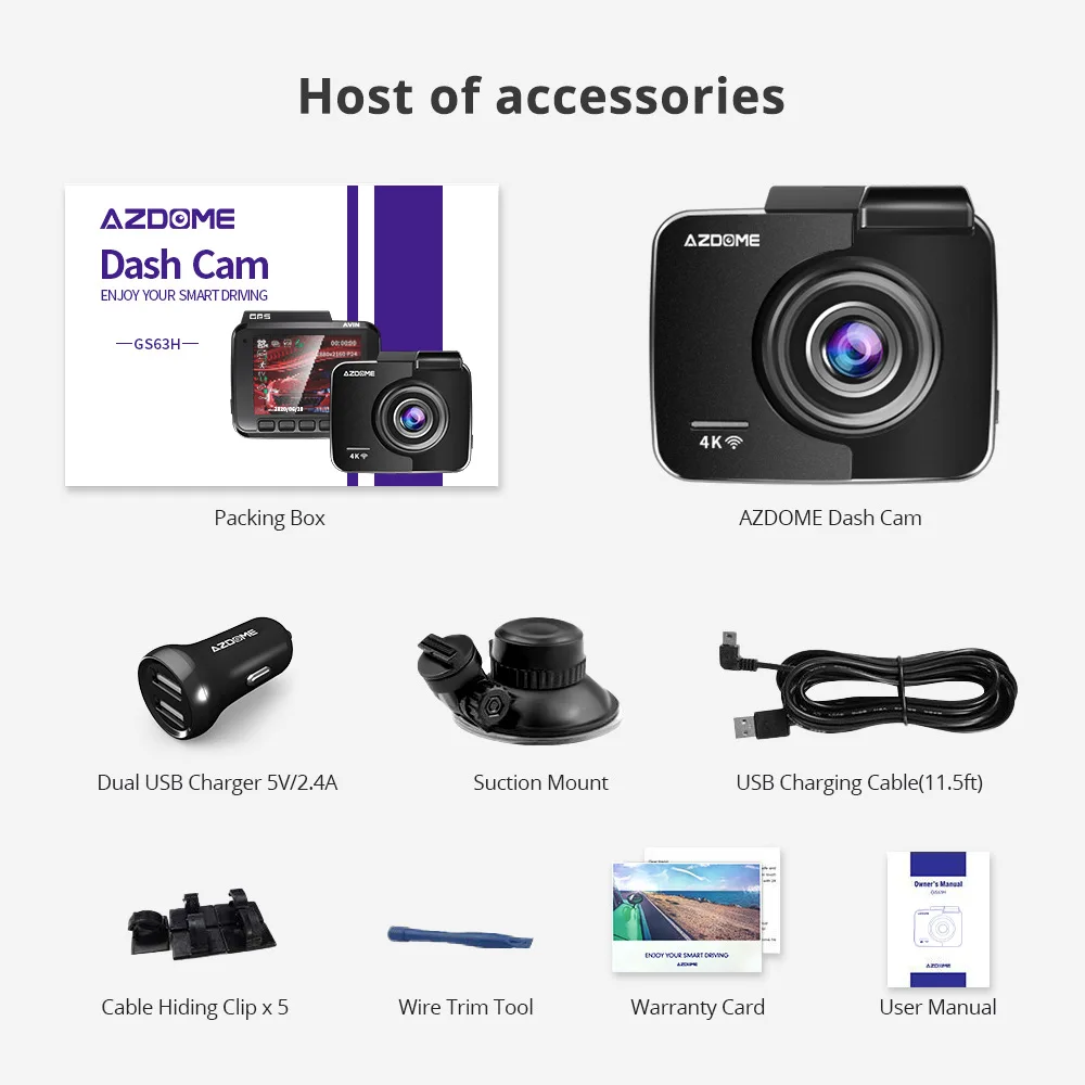 Видеорегистратор AZDOME с двумя объективами 4K UHD ночным видением WDR встроенным GPS Wi-Fi