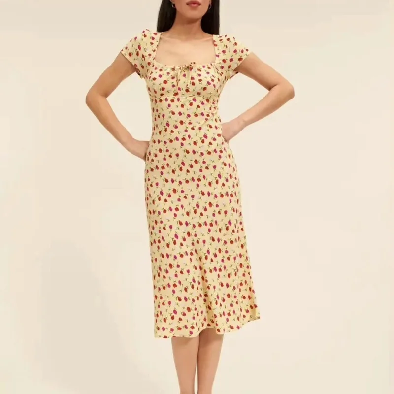 

Женское платье с короткими рукавами Rouj *, новое длинное тонкое желтое платье с квадратным вырезом и маленькими красными цветами, лето 23