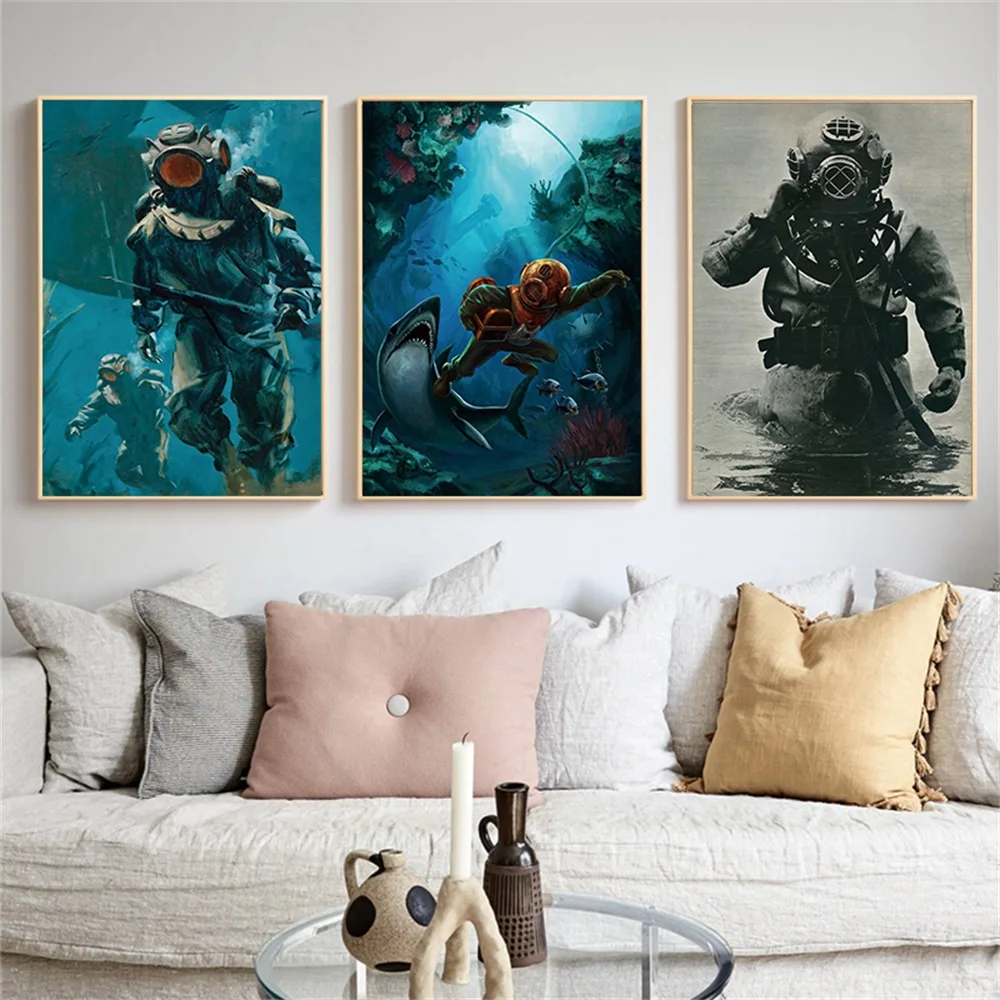 Ретро глубоководные дайверы подводный мир Кит настенные художественные рисунки