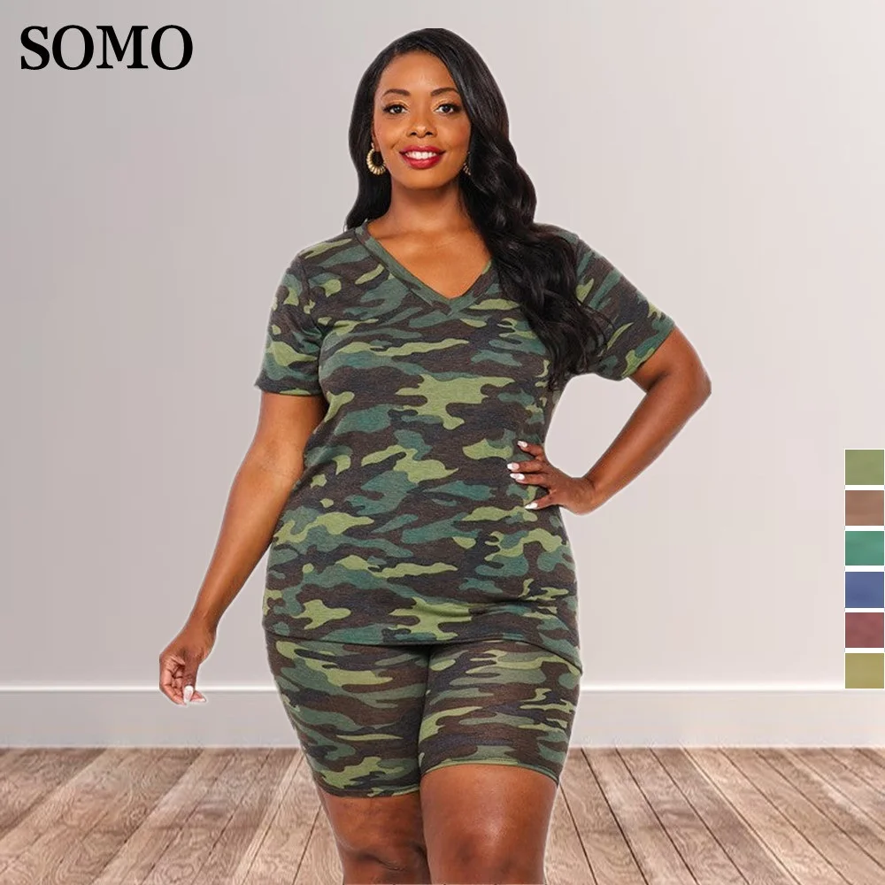 

Camo Printed 2022 Summer Plus Size Women Clothing Tracksuits Casual Outfits for Ladies Two Pieces Set Wholesale Dropshipping