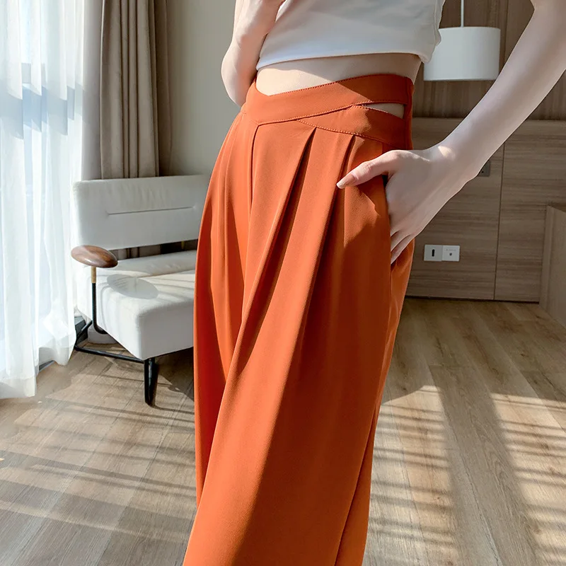 Design Sense High Waist Hollow Pumpkin Color Ice Silk Suit Pants Summer Women's Elastic Drape Slim Chiffon Wide Leg Trousers