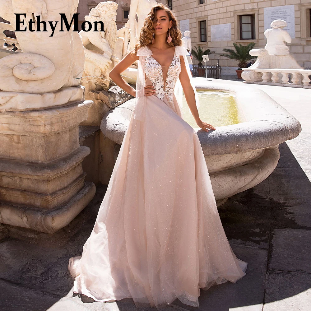 

Ethymon Attractive V-Neck Backless Button Appliques Wedding Dresses For Mariages Tulle Vestidos De Novia Brautmode Made To Order