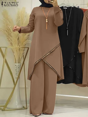 Модный городской спортивный костюм ZANZEA, мусульманская женская блузка с длинным рукавом, абайя, костюмы с блестками, мусульманская одежда, свободные подходящие комплекты, 2 шт.