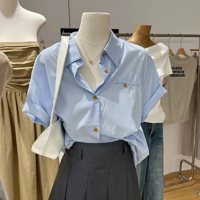 

Blue Shirt Women Short Sleeve Summer Thin Casual Loose Simple Polo Shirt Design Korean Version New Korean Fashion Blouses Top