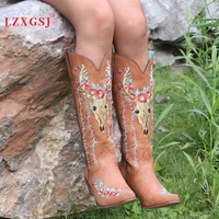 women boots 2021 new female western knee high boots fashion animal prints slip on low heels motorcycle riding boots shoes ladies