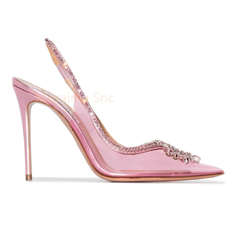 2023 Summer Women Sandals Pointed Toe Transparent Rhinestone Chain High Heels Pumps Pvc Stiletto Ladies Shoes Stylish Stiletto