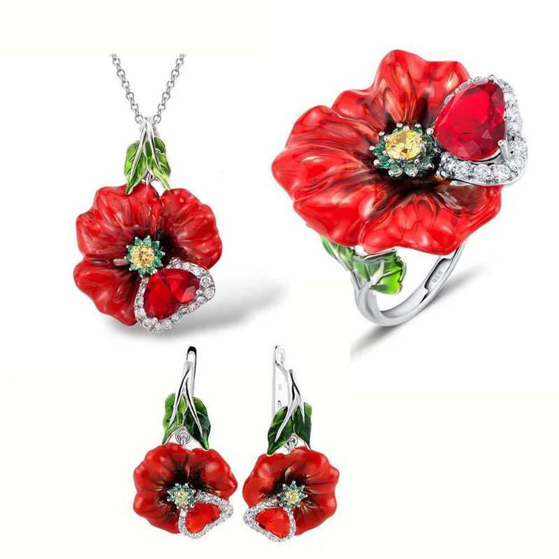 

BAOSHINA Red Flower Jewelry Set Series ! Trendy Rose Flower Zircon Earrings Necklace Ring Jewelry Set For Women Wedding Jewelry