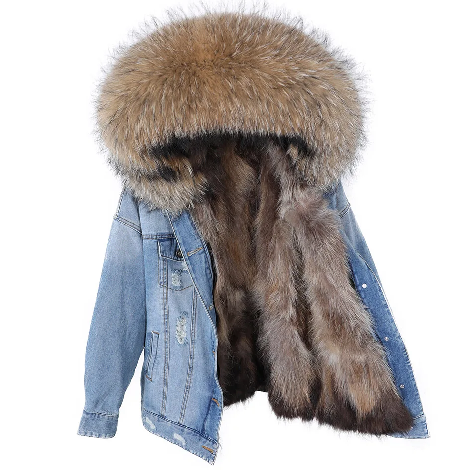 Enlarge maomaokong 2022 new natural raccoon fur lining coat coat denim loose fashion fur park leather coat women's coat women's coat