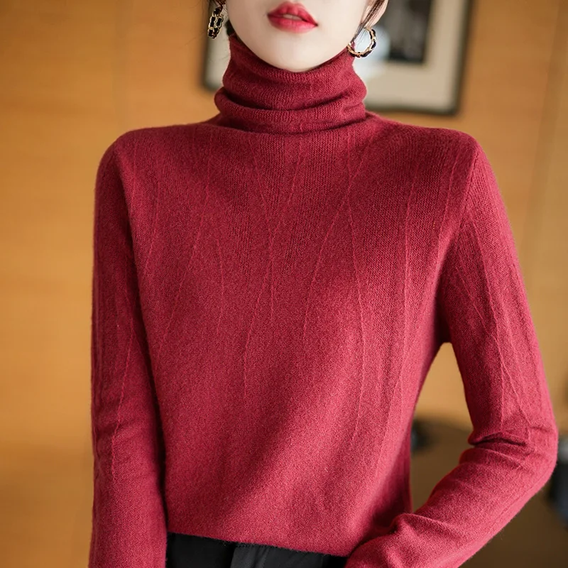 

Woman's Sweater Autumn Winter Turtleneck Long Sleeve Bottoming Shirt Coats Female Pullover Jumper 100% Wool Knitted Tops Blo