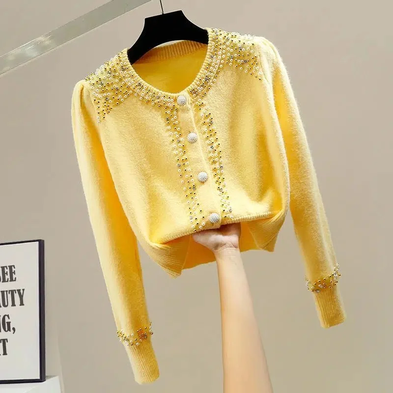 

Women's Sweater 2023 Autumn Winter New O-Neck Knitted Sweater Close-Fitting Beading Pullover Long-Sleeved Cardigan Knitwear Top