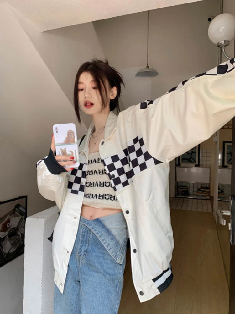 Женская куртка в стиле Харадзюку Y2k винтажная из искусственной кожи модная