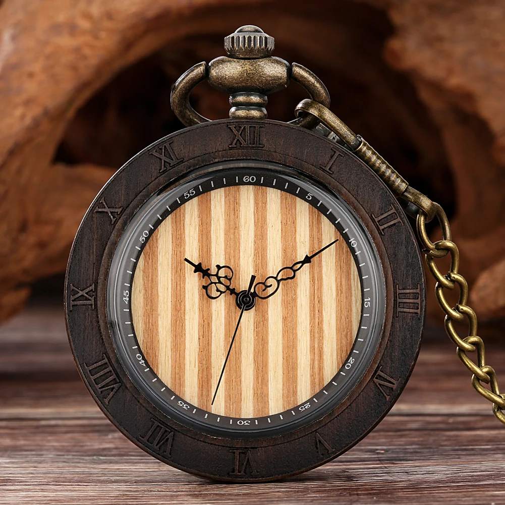 Quartz Pocket Watch Gift for Men Women Ebony Arabic Numeral Dial Luxury Wood Pocket Watch Necklace Pendant Montre De Poche