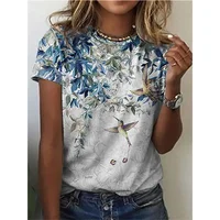 2022 Women's Summer T-Shirt Hummingbird Flower And Bird Pastoral Style  Short Sleeve Tee Digital Printing Animal Graphic T Shirt 2