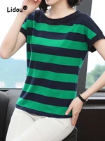 elegance color matching stripe loose top women summer new classic short sleeve round neck comfortable all match lady t shirt
