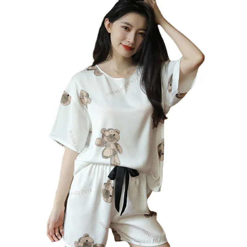 PICKBIRD 2022 Summer thin silk print short-sleeved shorts crew neck pajamas women's suit ice silk large size pullover home wear
