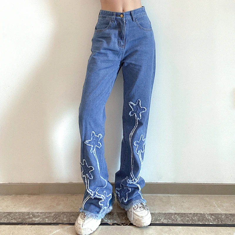 

2021 Y2k Raw Edge Washed Star Patch Oversized Flared Jeans Women Fashion Street Clothing Retro High Waist Baggy Denim Trousers