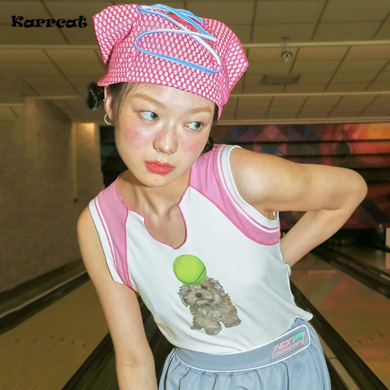 

Karrcat Japanese Fashion Sweet Tank Tops Vintage Kawaii Patchwork Camisole Cartoon Pink Tops Summer Y2k Streetwear 00s Vest Cute