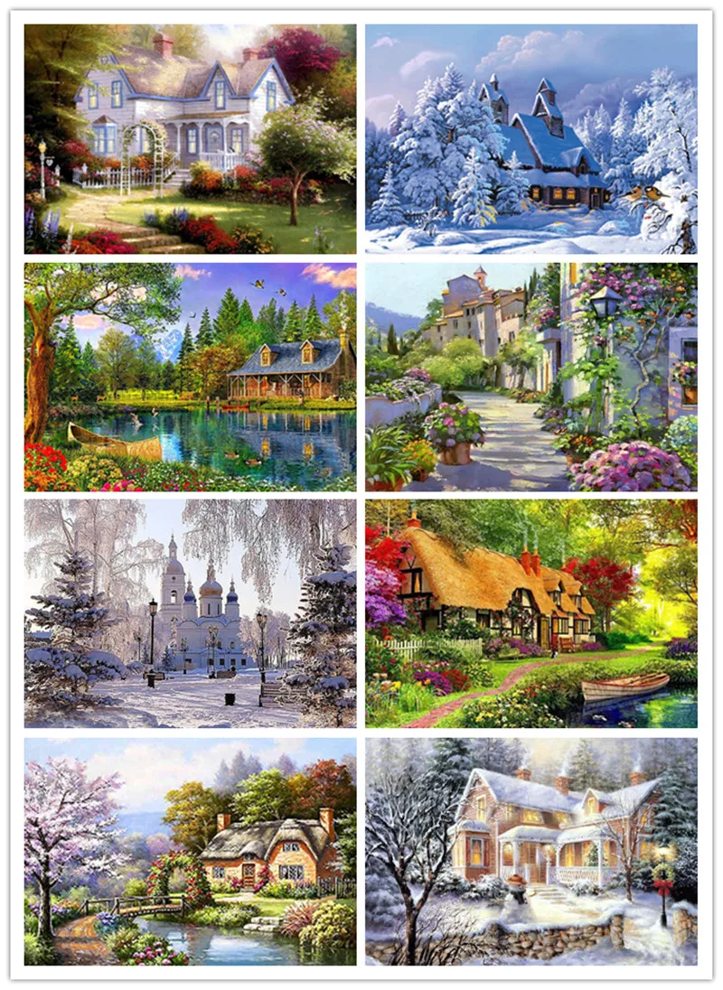 

5D алмазная живопись, пейзаж, дом виллы, Круглый Алмаз, вышивка крестиком, снежный пейзаж, мозаика Стразы, домашний декор, подарок