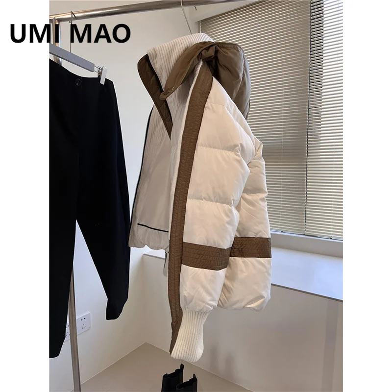 

UMI MAO Winter Jacket Retro Contrast Casual Thickened Stand Up Collar Silhouette Corduroy Splice Hooded 90 White Duck Down Coat