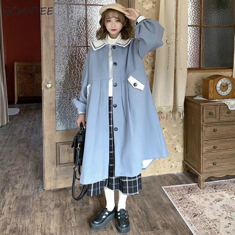 

Women Wool Patchwork Loose Casual Kawaii Preppy Style 3XL Retro Japanese Turn-down Collar Long Pockets Lovely Ulzzang Stylish