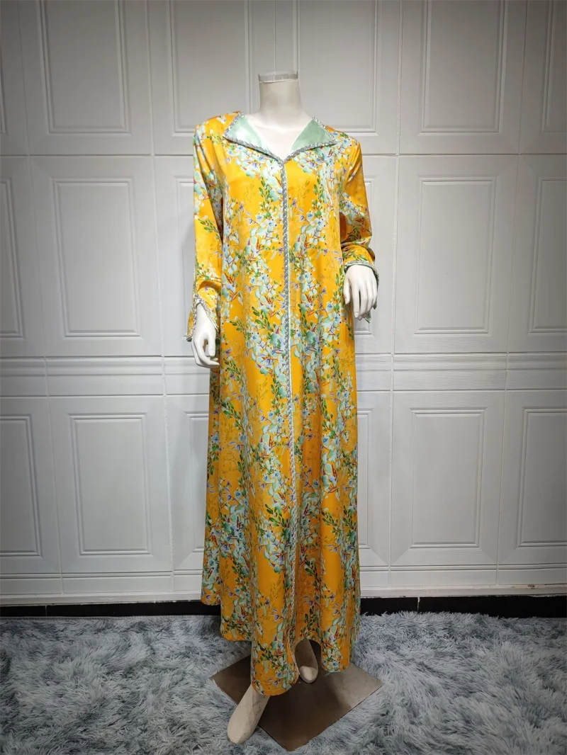 Abayas For Women Saudi Arabia Elegant Floral Print Long Dresses Diamonds V-Neck Kaftan Dubai Luxury Ramadan Clothes