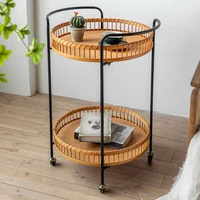 living room removable coffee table double layer rattan cart with wheels retro small sofa side table cabinet household furniture