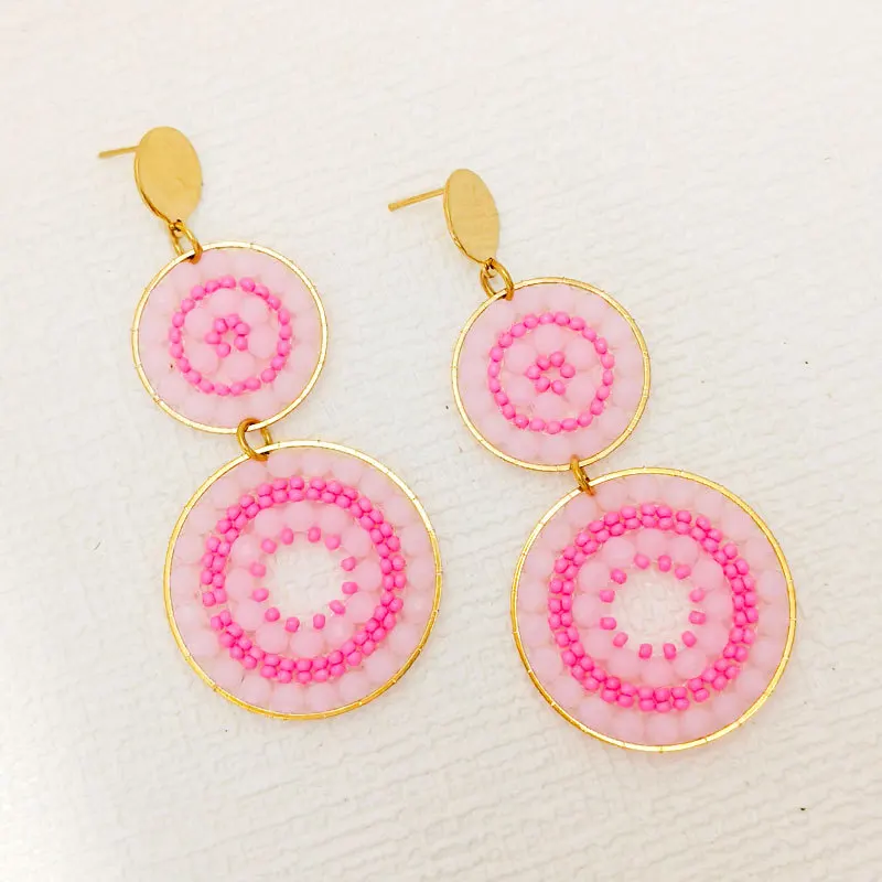 Серьги из бисера с кристаллами Оригинальные круглые двухуровневые ручные