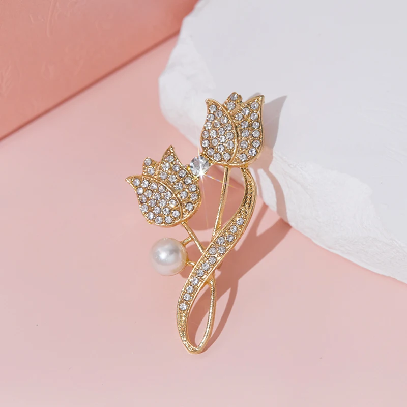 Корейский новый двойной цветок тюльпана с блестящей брошью из кубического