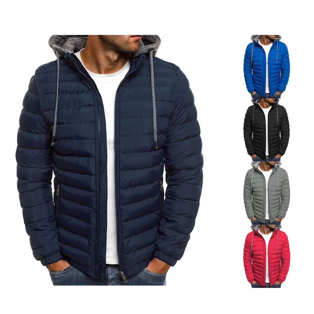 Autumn Winter New Men Cotton Jacket Hooded Thickened Down Jacket Coats Solid Color Hooded Long Sleeves Zip-Up Jackets Outer Wear