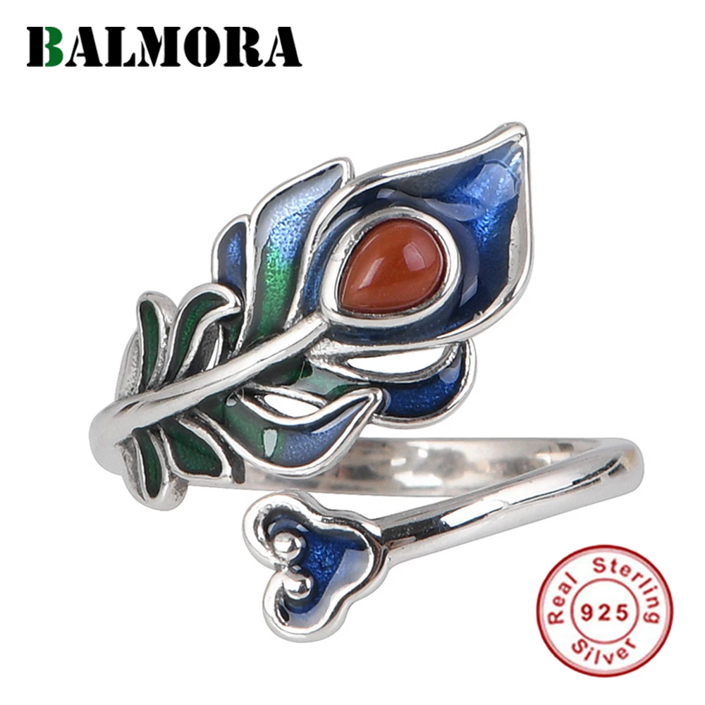 

BALMORA 925 Sterling Silver Cloisonne Colorful Feather Red Agate Ring For Women Vintage Adjustable Retro Anillos Jewelry Gift