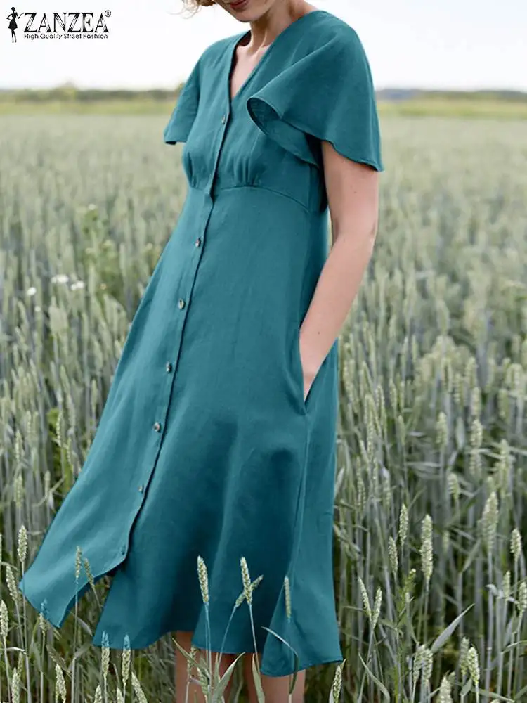 

11Kaftan V Neck Shirt Dress Women Summer Sundress 2022 ZANZEA Casual Short Sleeve Midi Vestidos Female High Waist Robe Femme