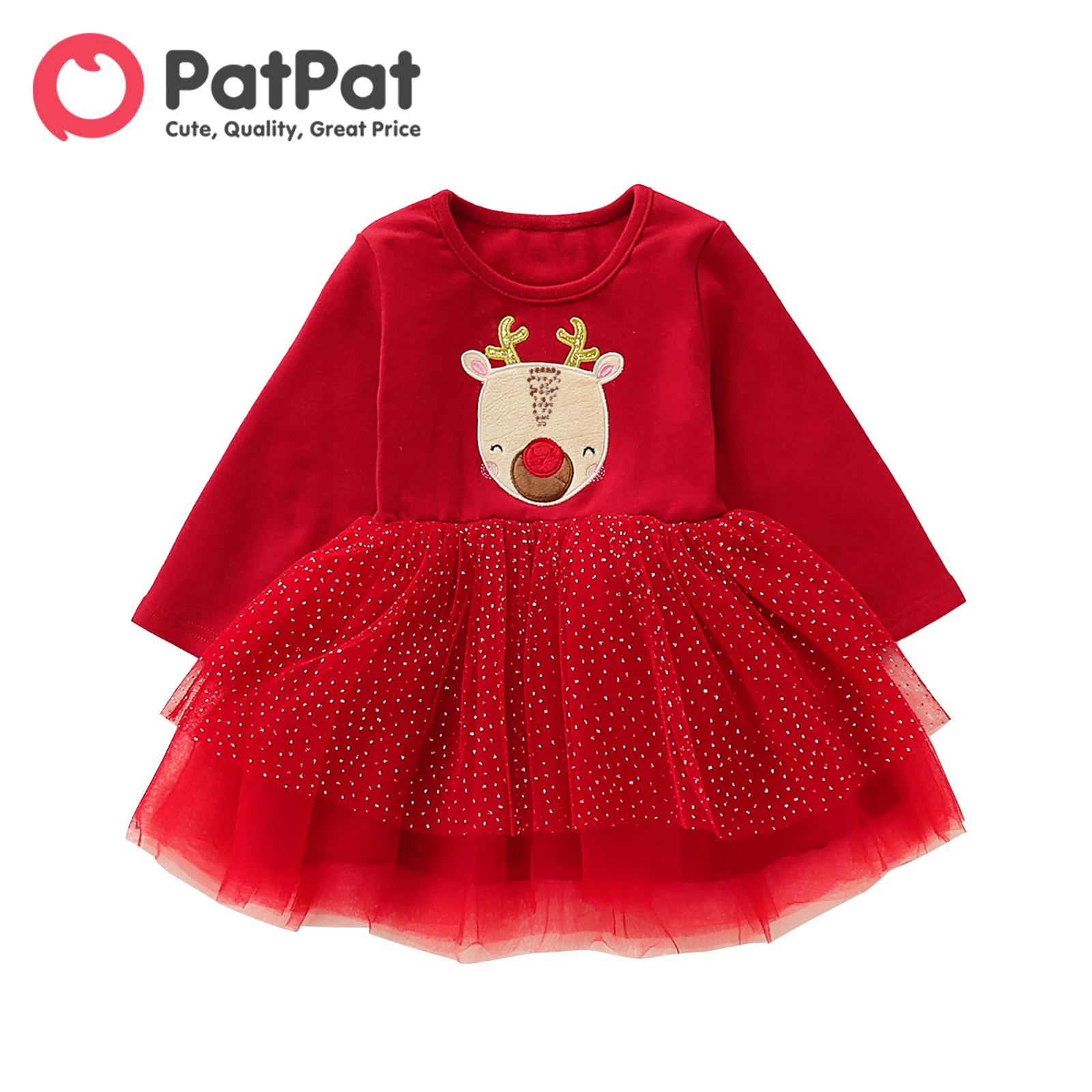 

PatPat Christmas Dress for Girls Newborn Baby Clothes 95% Cotton Long-sleeve Deer Embroidered Spliced Glitter Mesh Party Dresses
