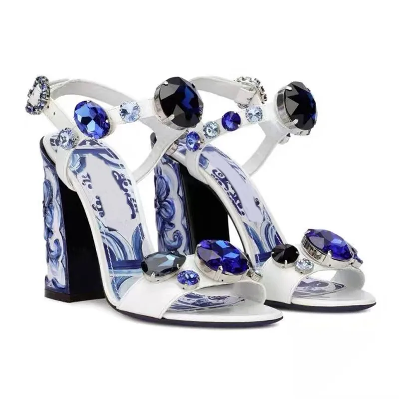 

2022 New Women's Sandals Printing Bling Blue White Porcelain Printing Rhinestone Word High-Heeled Sandals 10cm High-Heeled
